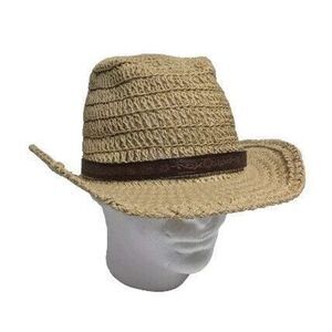 Paper Cowboy Hat Straw Wide Brim Leather Band Sun Western Beige